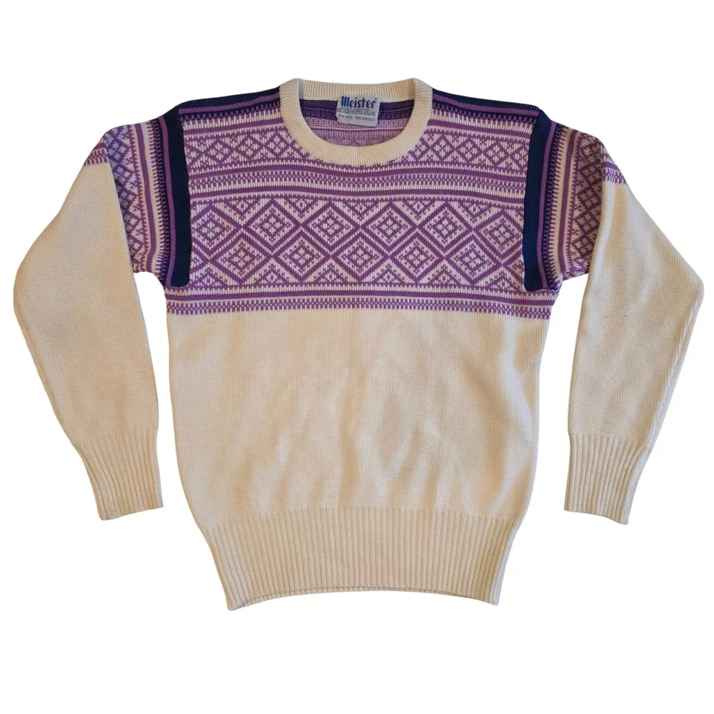 Vintage 70s 80s Meister Nordic Fair Isle Ski Sweater Purple Cream Wool Blend
